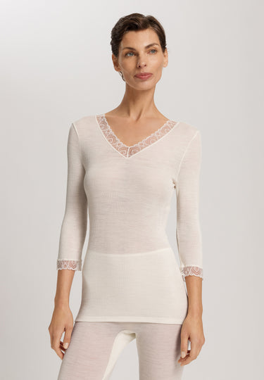 Woolen Lace Lace Trim Wool And Silk Top | Misty White 70831-2123
